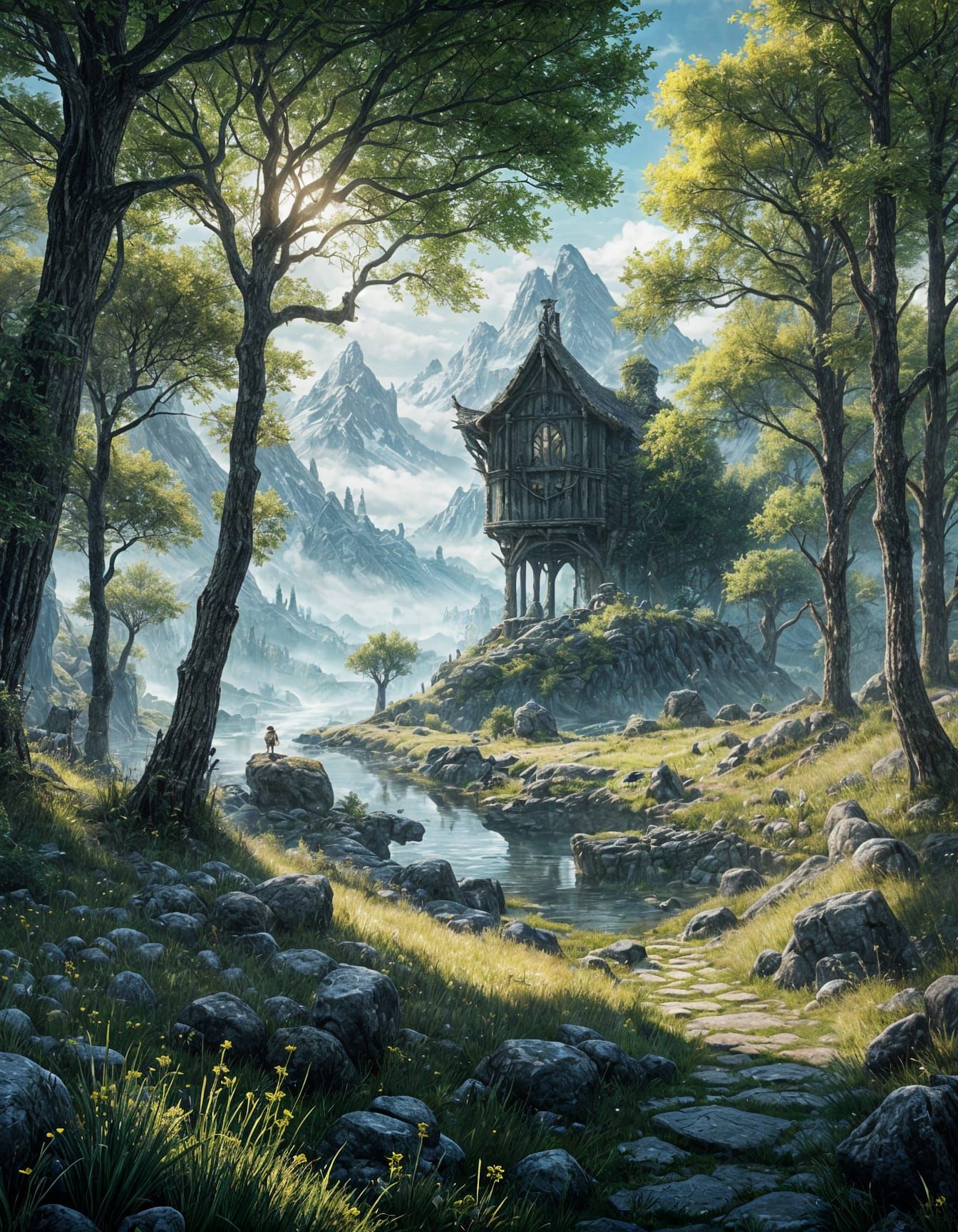 Idyllic Fantasy Stilt House in Peaceful Landscape