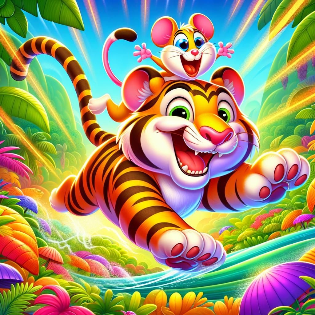 Happy Tiger and Mouse in Jungle Cartoon