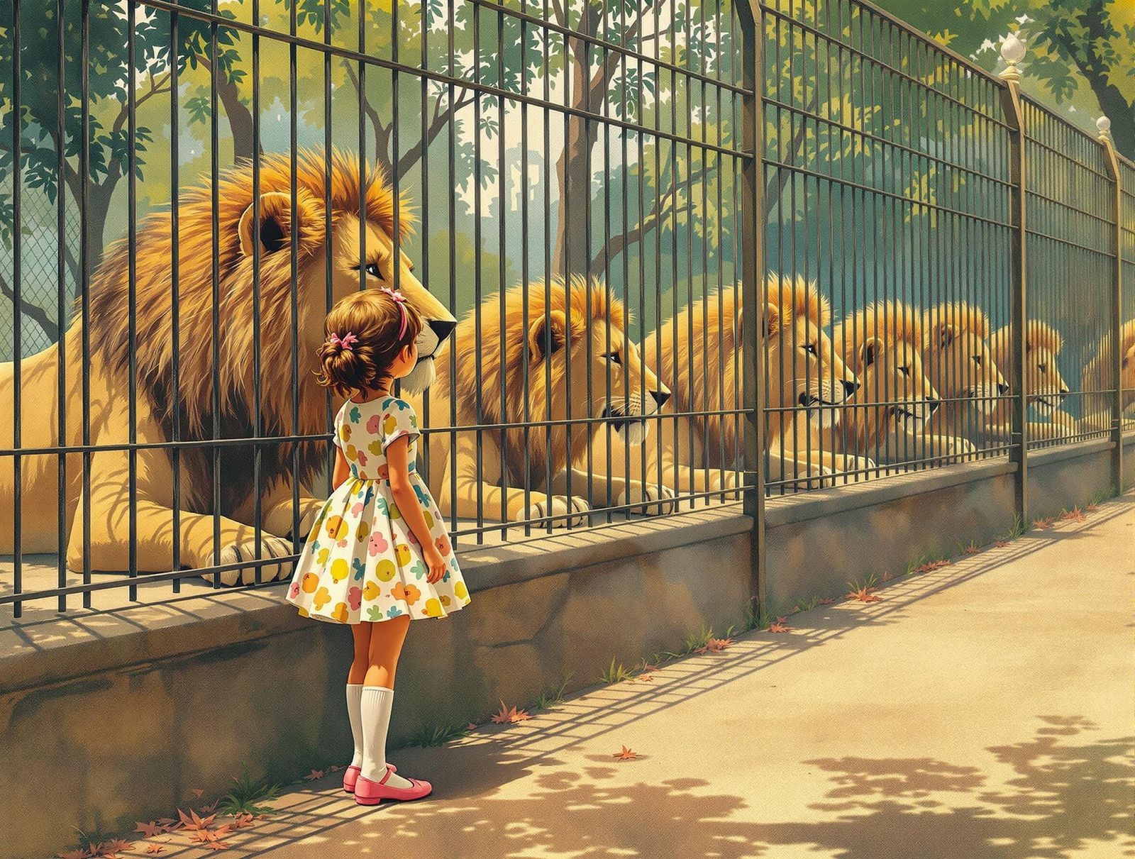 Girl Watching Lions, in Rockwell-esque Realism