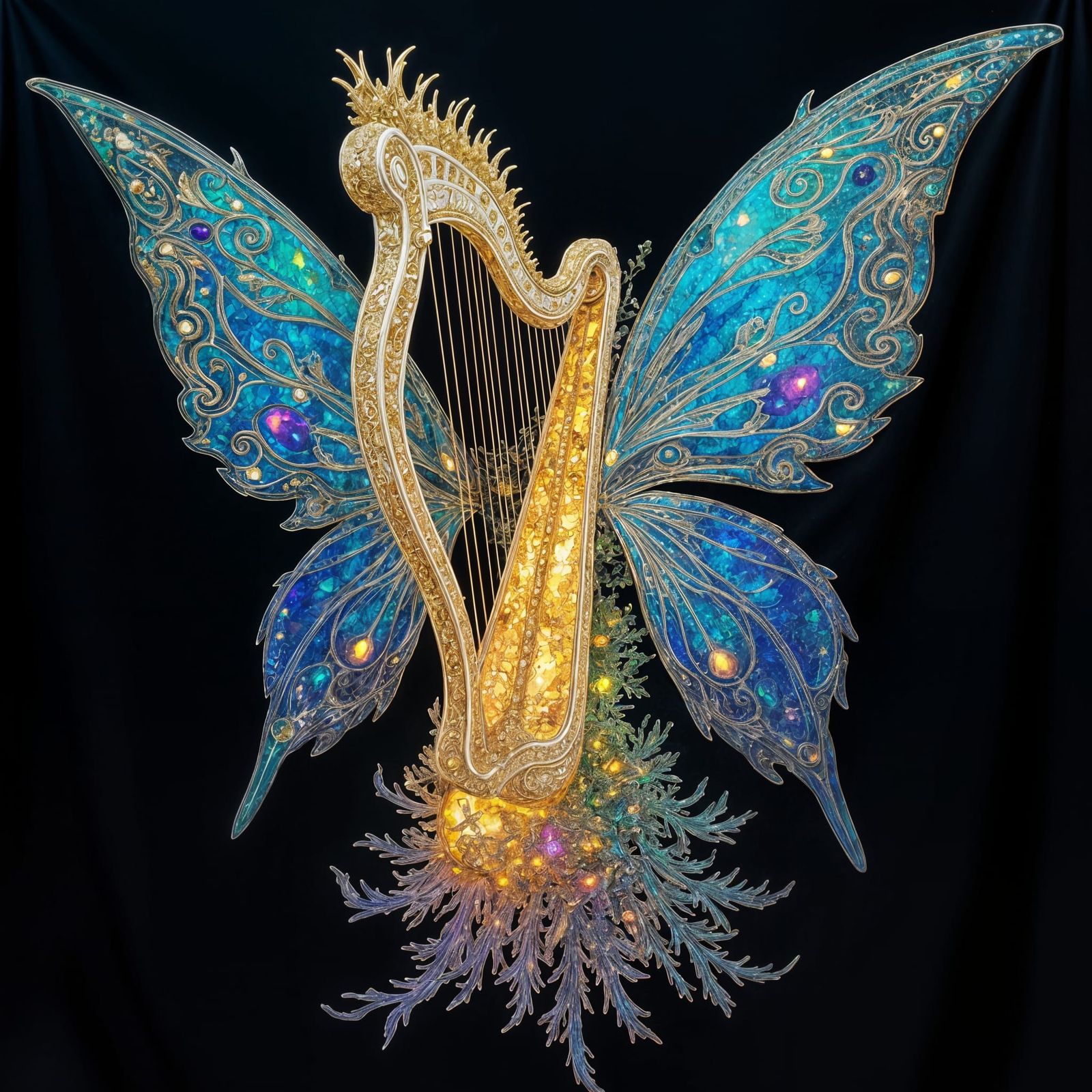 Luminous Fae-Harp in Iridescent Opal, Emerald, Ruby, and Sap...