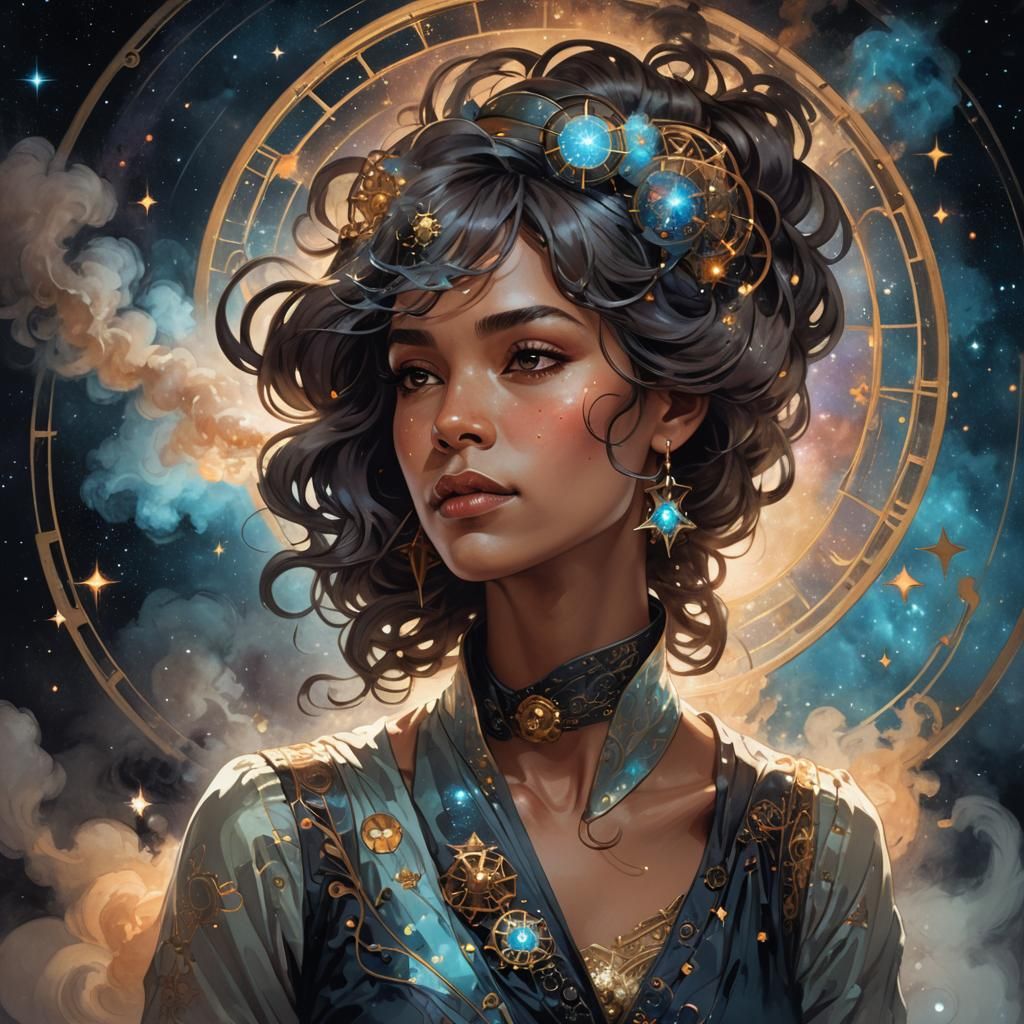 Celestial Woman Smoking Wheel in Art Nouveau Style