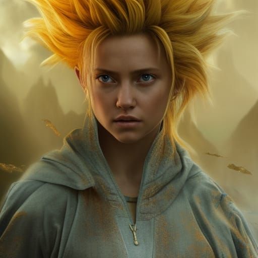 Super Saiyan Female in Combat: Hyperrealistic Oil Painting