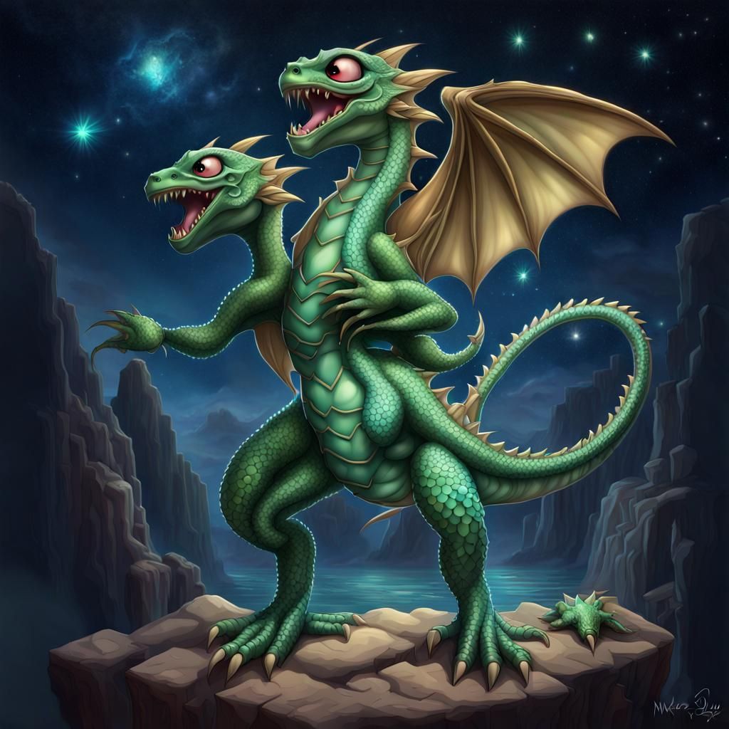 Adorable Multi-Headed Hydra Baby in Fantasy Art