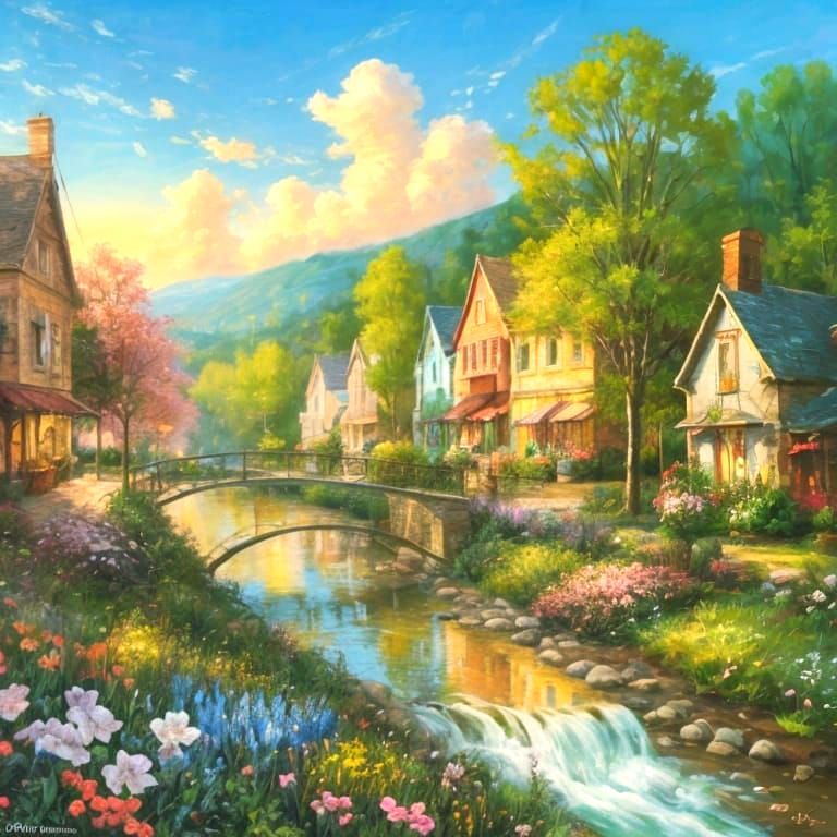 Whimsical Town in Spring, Neo-Impressionist Oil Painting