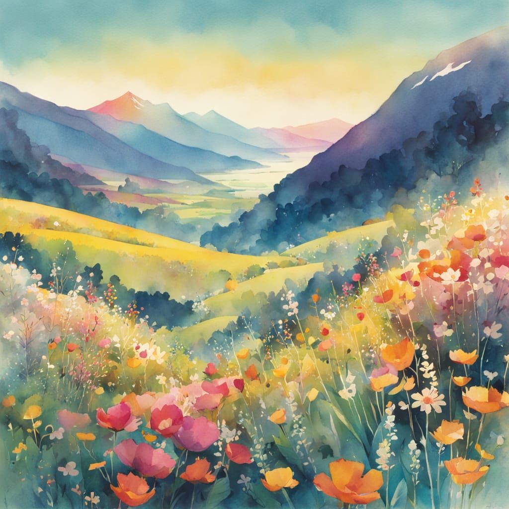 Colorful Mountain Landscape in Watercolor and Ink