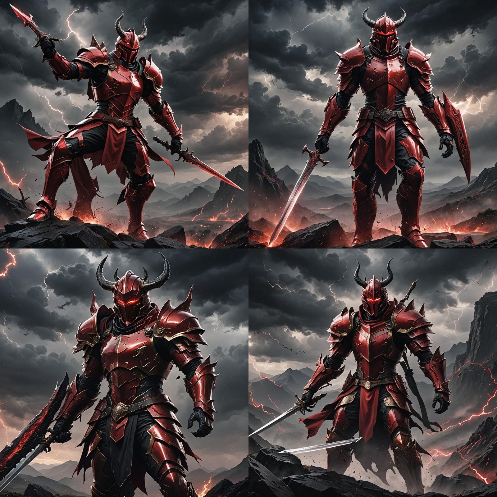 Crimson Knight in Stormy Landscape, Digital Artwork