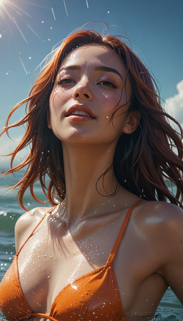 Vibrant Anime Woman in an Orange Bikini, Set Against a Dream...