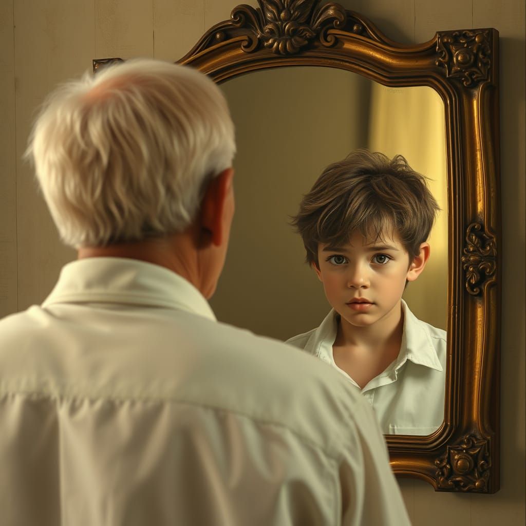 Nostalgic Reflection: Boy in Antique Mirror, Hyperrealism