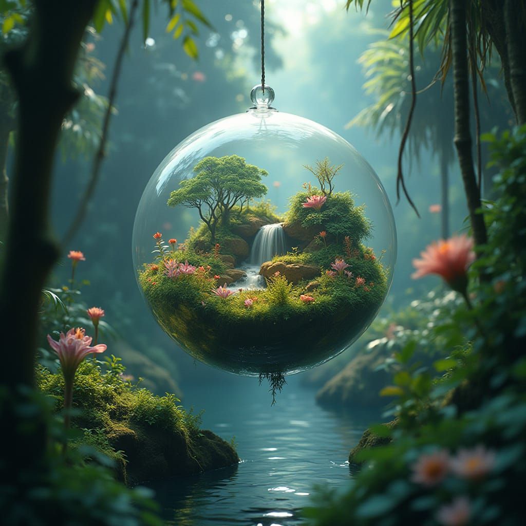 Glass Dome Ecosystem in Alien Jungle, Hyperrealistic Style