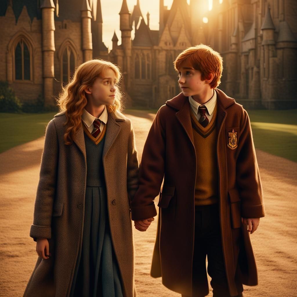 Ron and Hermione at Hogwarts: Cinematic Film Still