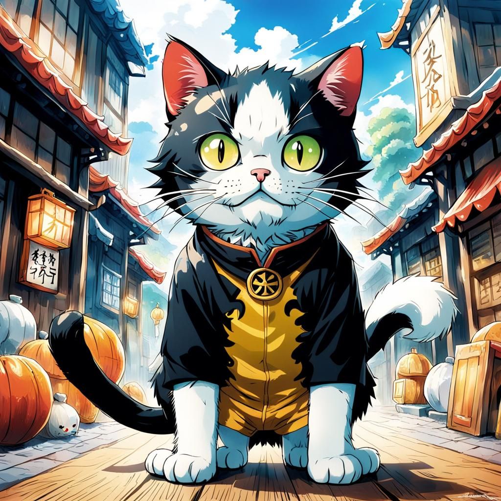 Cute Cat Reads One Piece: Anime Style