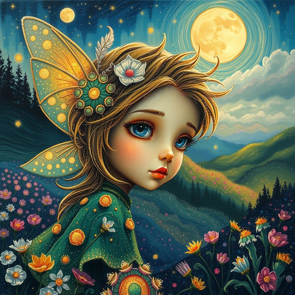 Miniature Fairy in Whimsical Utopian Landscape