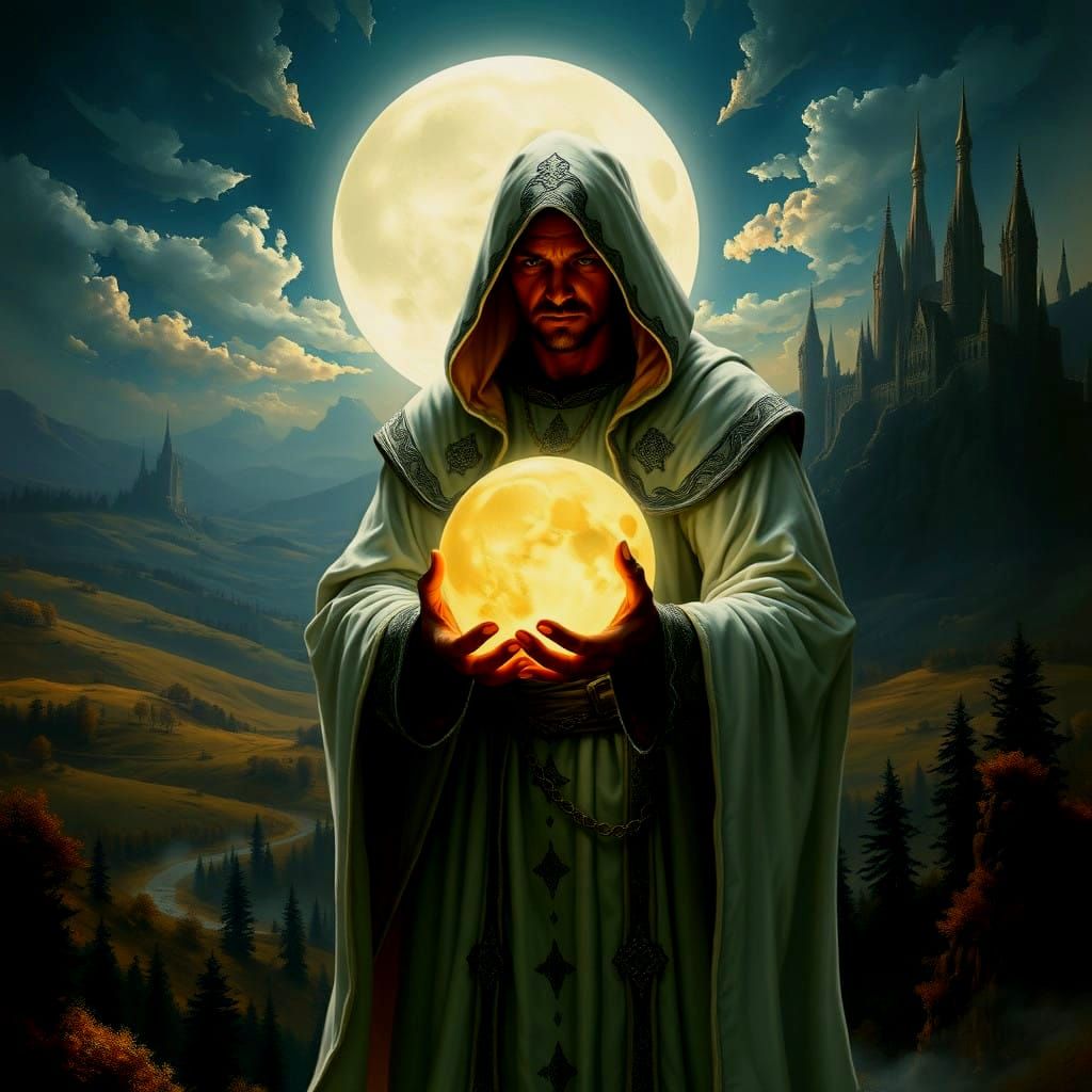 A Heroic Figure Holds the Moon aloft in a Realm of High Fant...