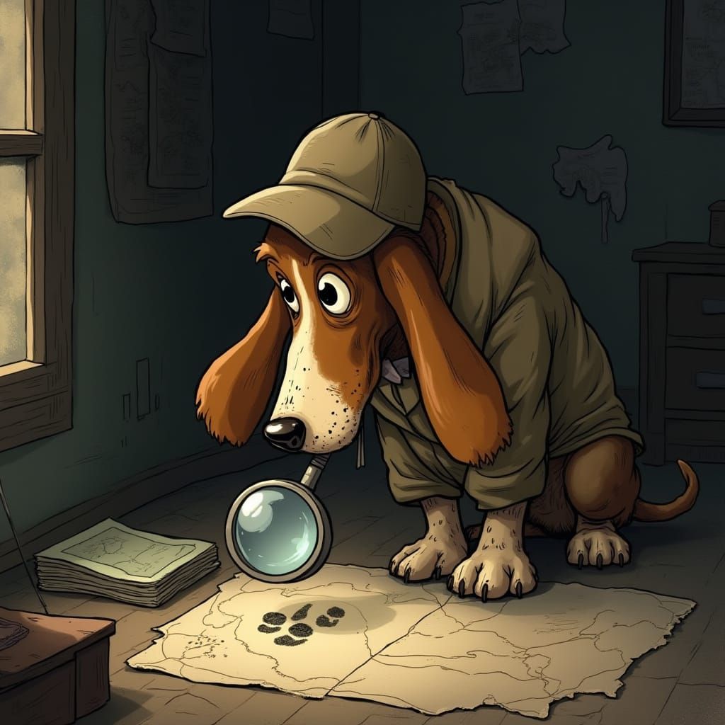 Basset Hound Detective Investigates Footprint in Vintage Stu...