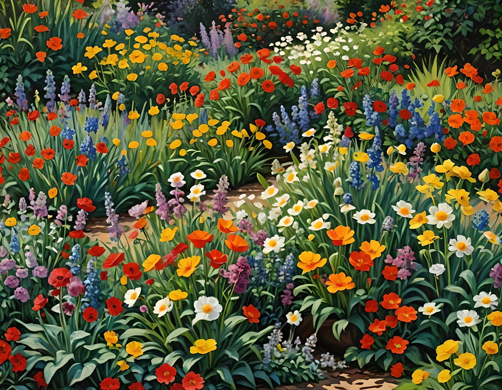 Impressionistic Garden with Colorful Flowers in Sunlight
