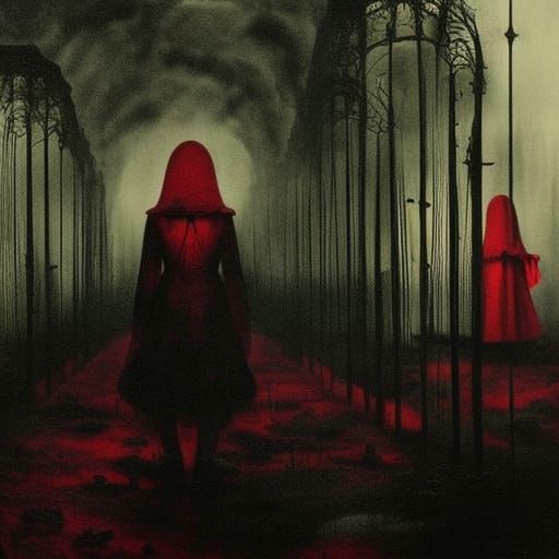 Monochromatic Red Ink Gothic Scene on Desolate Plain