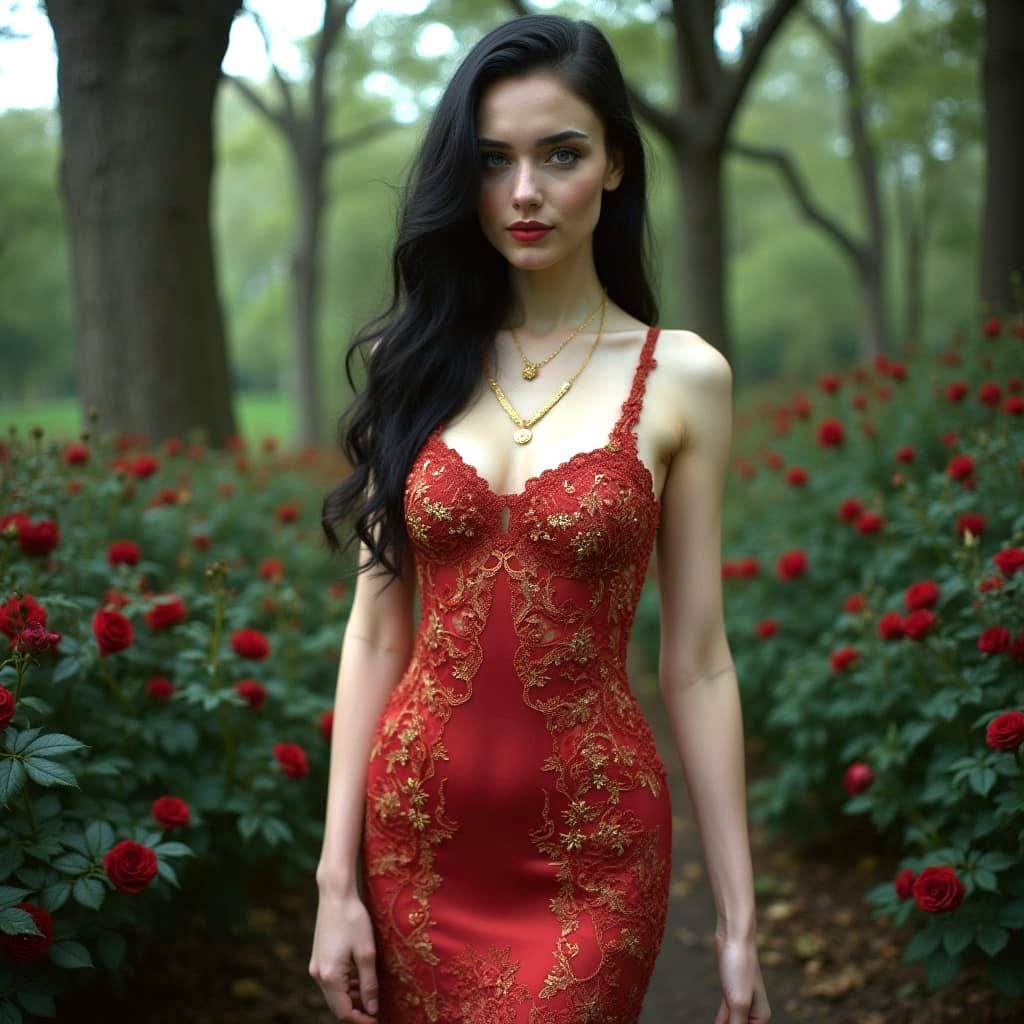 Stunning Woman with Dreamy Eyes in Lush Park