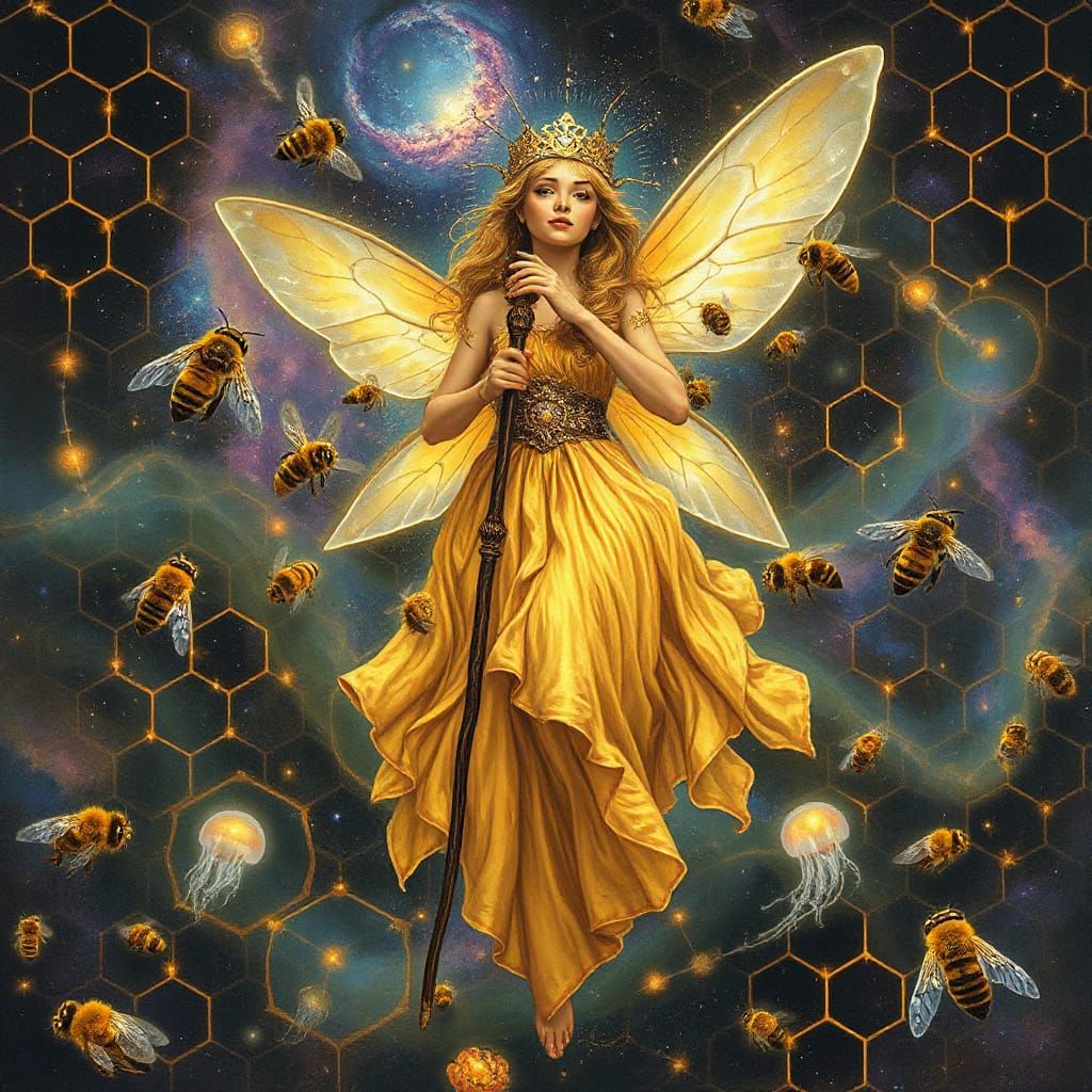 Cosmic Bee Dryad Queen with Honeycomb Constellations