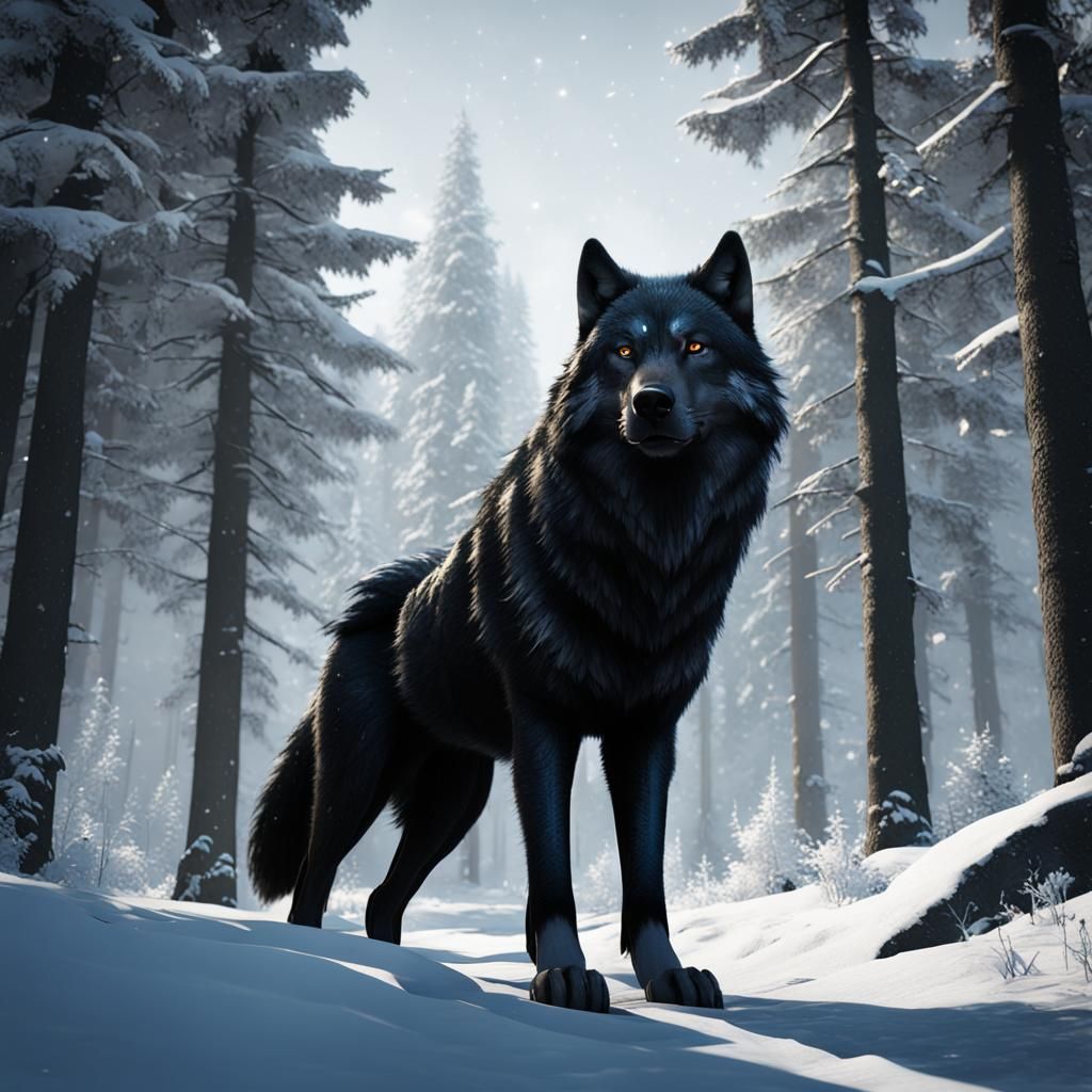 Black Wolf in Snowy Forest: 3D Game Cinematic
