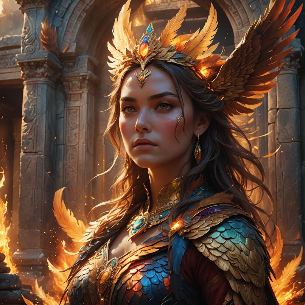 Phoenix Woman Arising in Ancient Temple Ruins