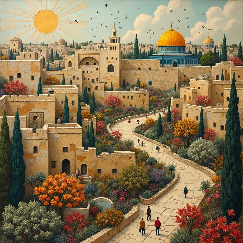 Layered Jerusalem Cityscape Collage in Hand-Torn Paper Textu...