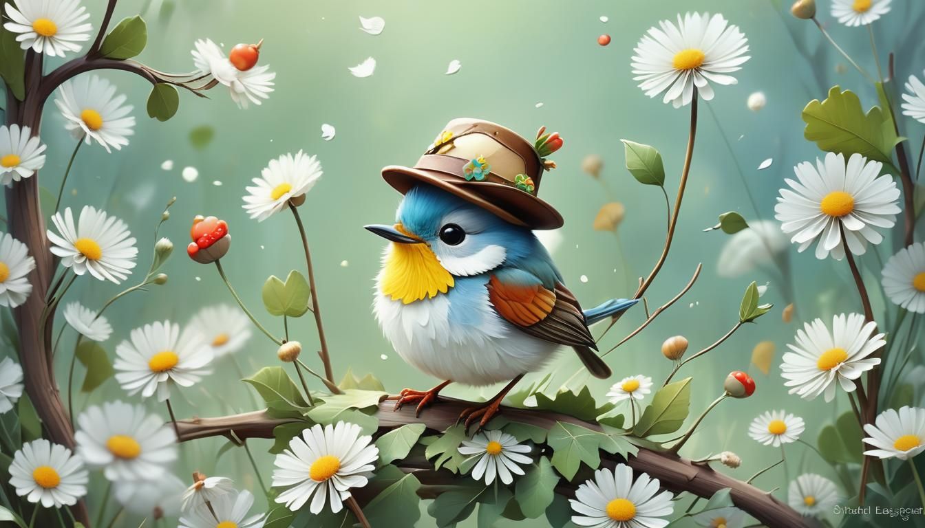 Adorable Pixar-Style Robin with Flowers and Oak Leaves