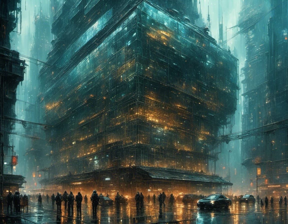 Corporate Police Guard Glass Building in Cyberpunk Style