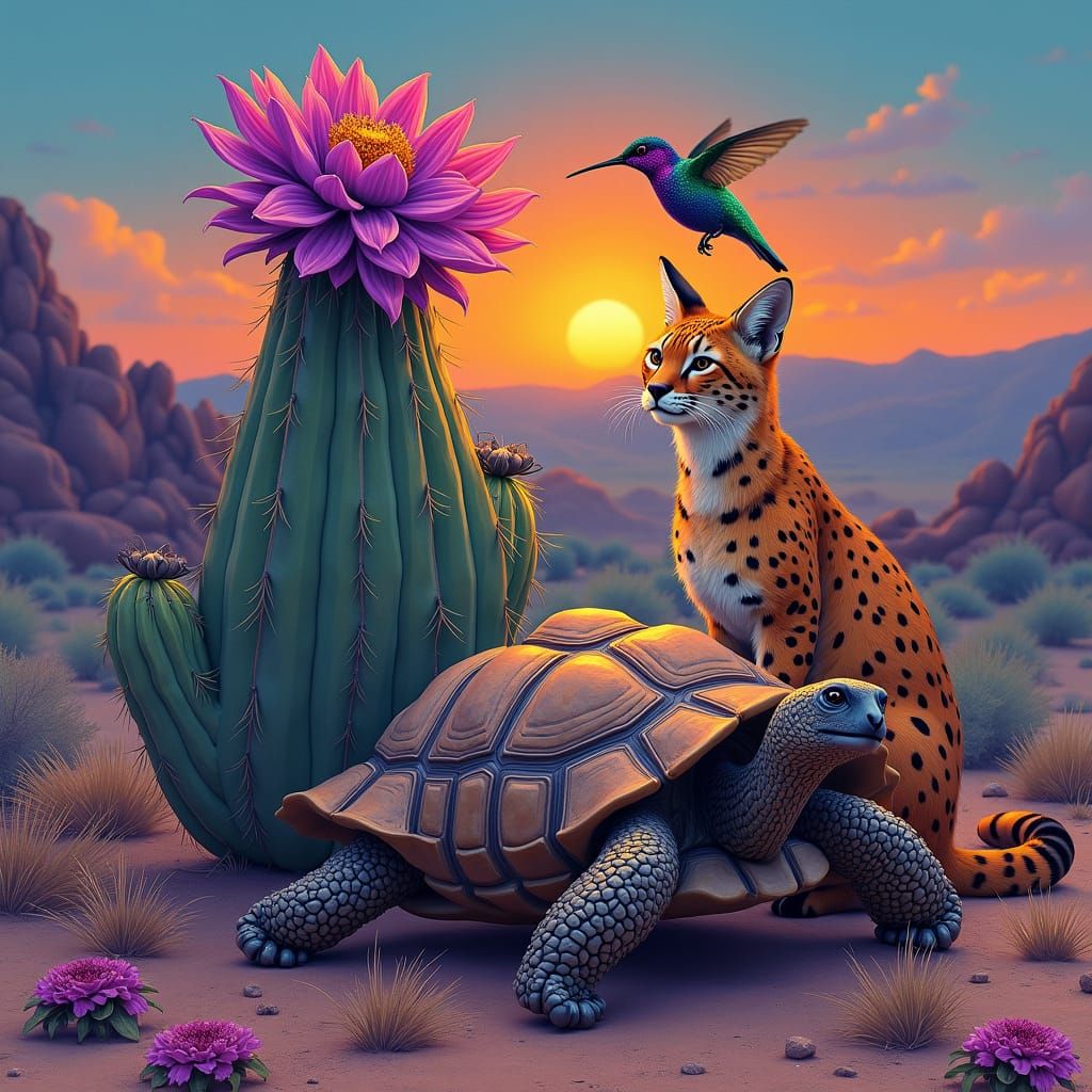 Surreal Desert Twilight: Tortoise, Caracal, and Hummingbird