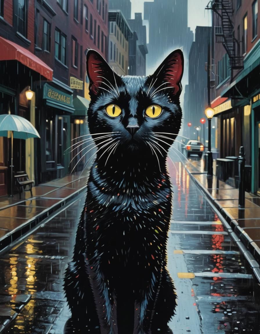 Black Cat Portrait in Rainy Impressionistic Style