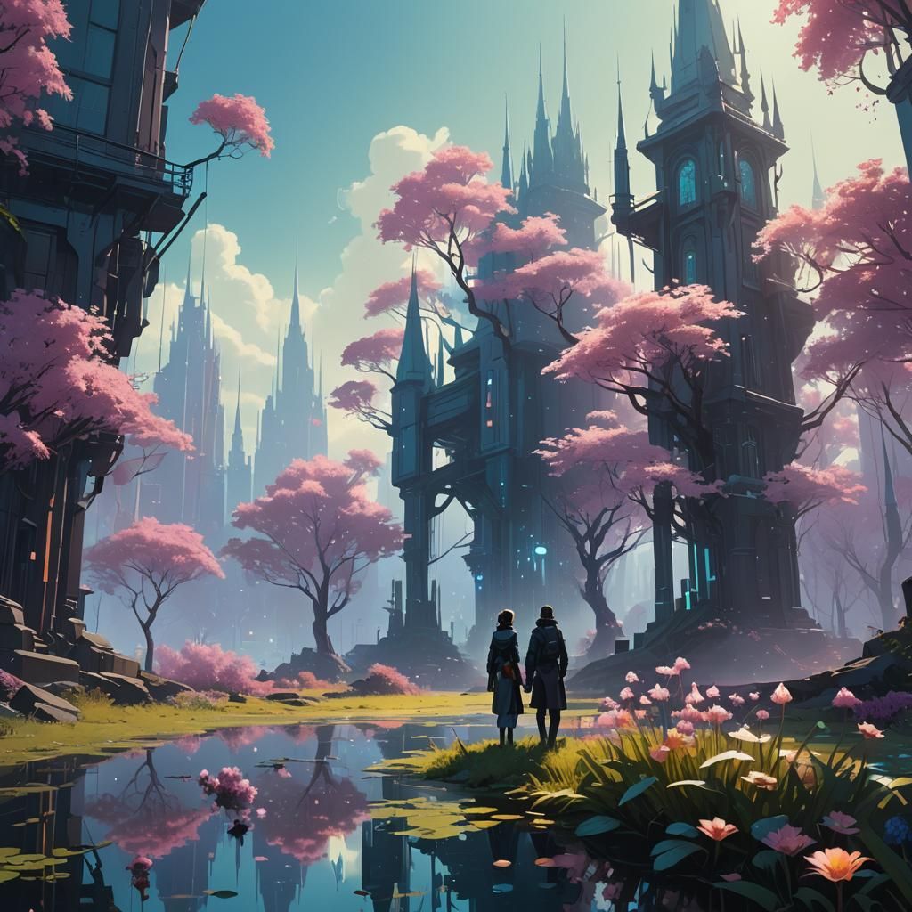 Ethereal Spires and Iridescent Blooms in Twilight