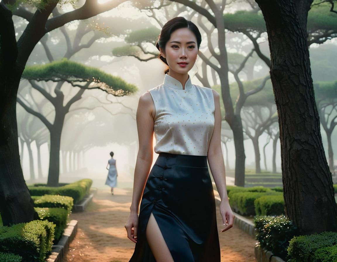 South Korean Woman in Garden: Chiaroscuro Oil Portrait