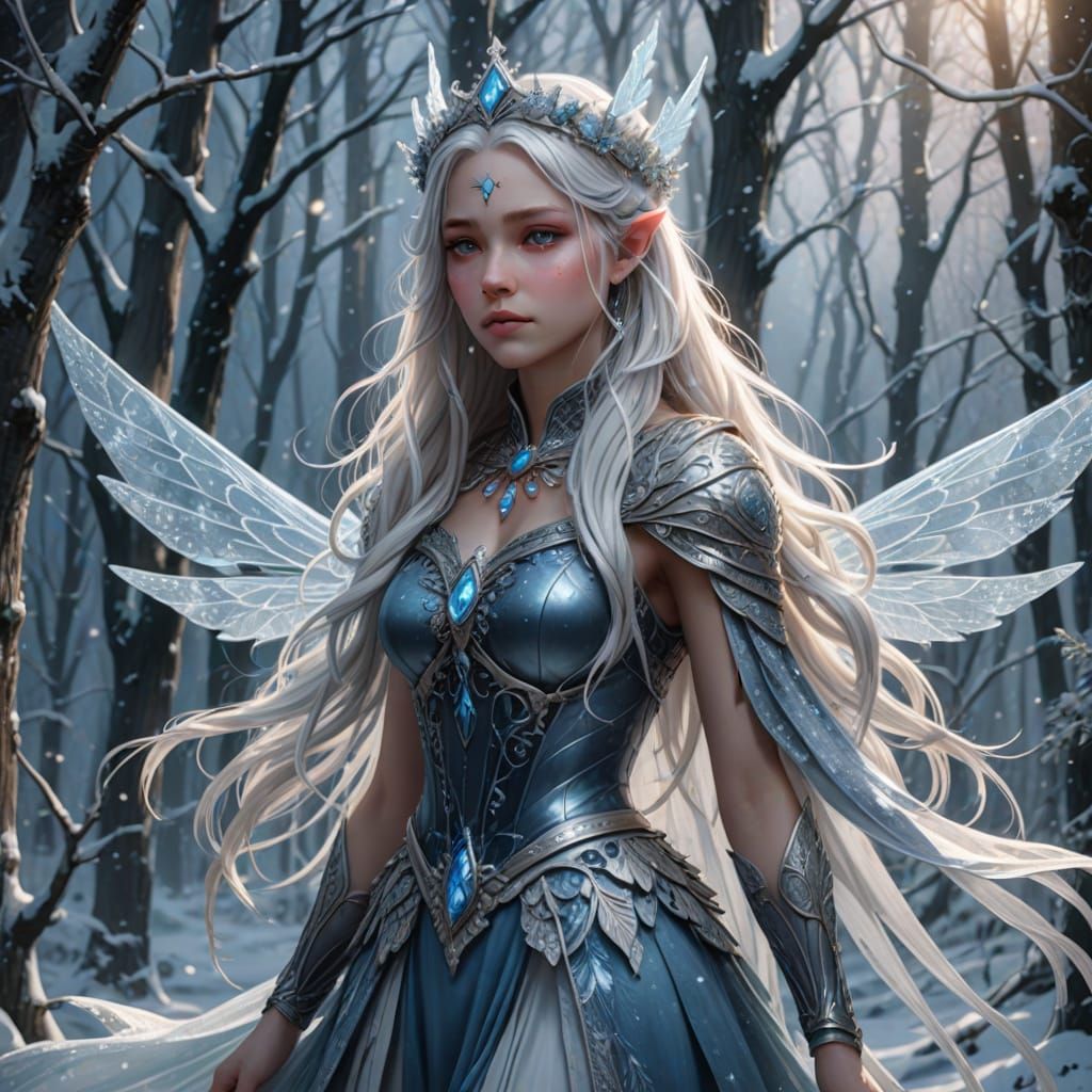 Ethereal Winter Fairy in Snowy Forest
