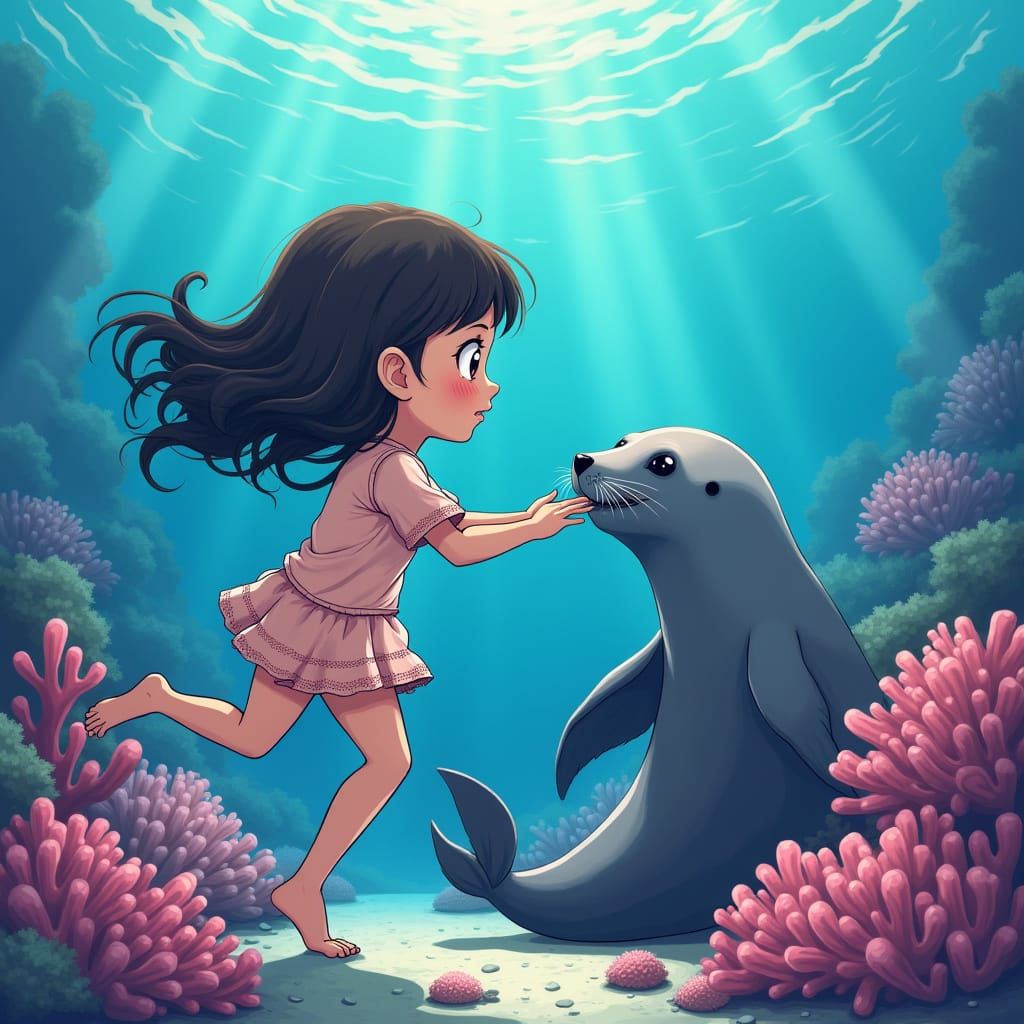 Anime Girl Sea Lion Hybrid Chases Octopus Underwater