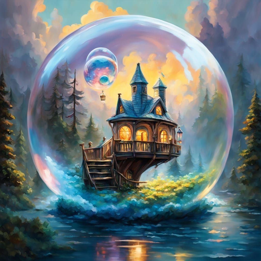 Creature in Floating Bubble, Gouache Impasto Style