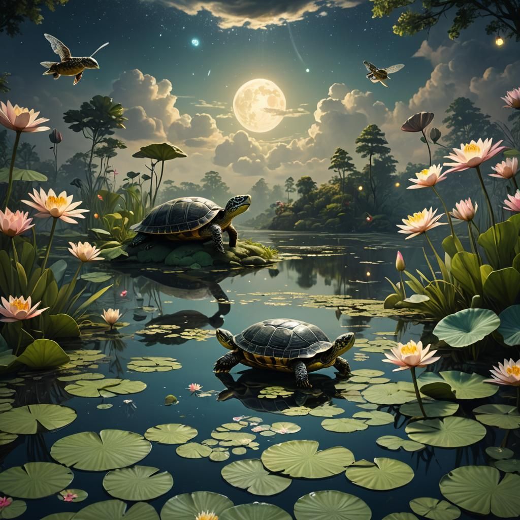 Turtle Pond at Night: Fantasy Concept Art