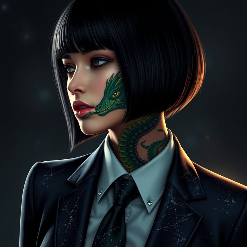 Dragon Tattoo Woman in Celestial Suit, Fantasy Art