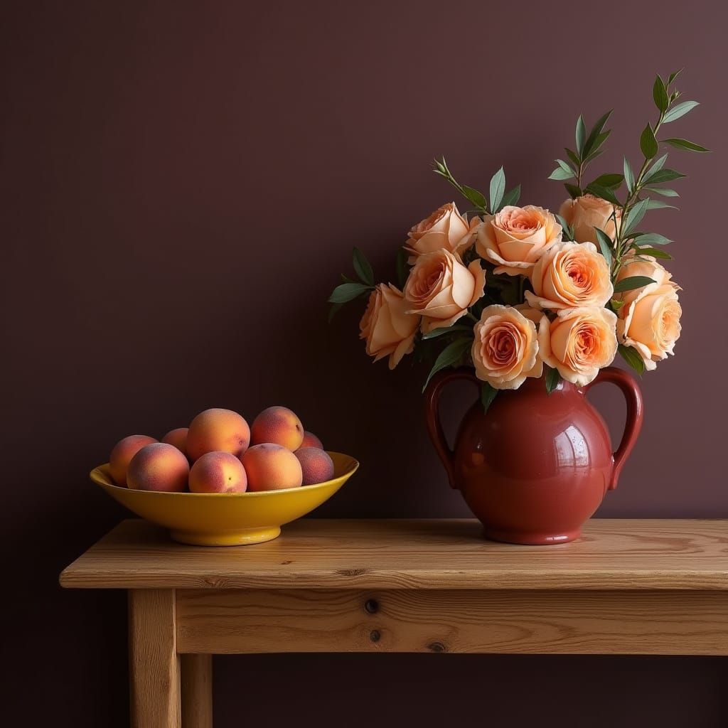 Elegant Still Life with Fuzzy Peaches and Roses in Golden Li...