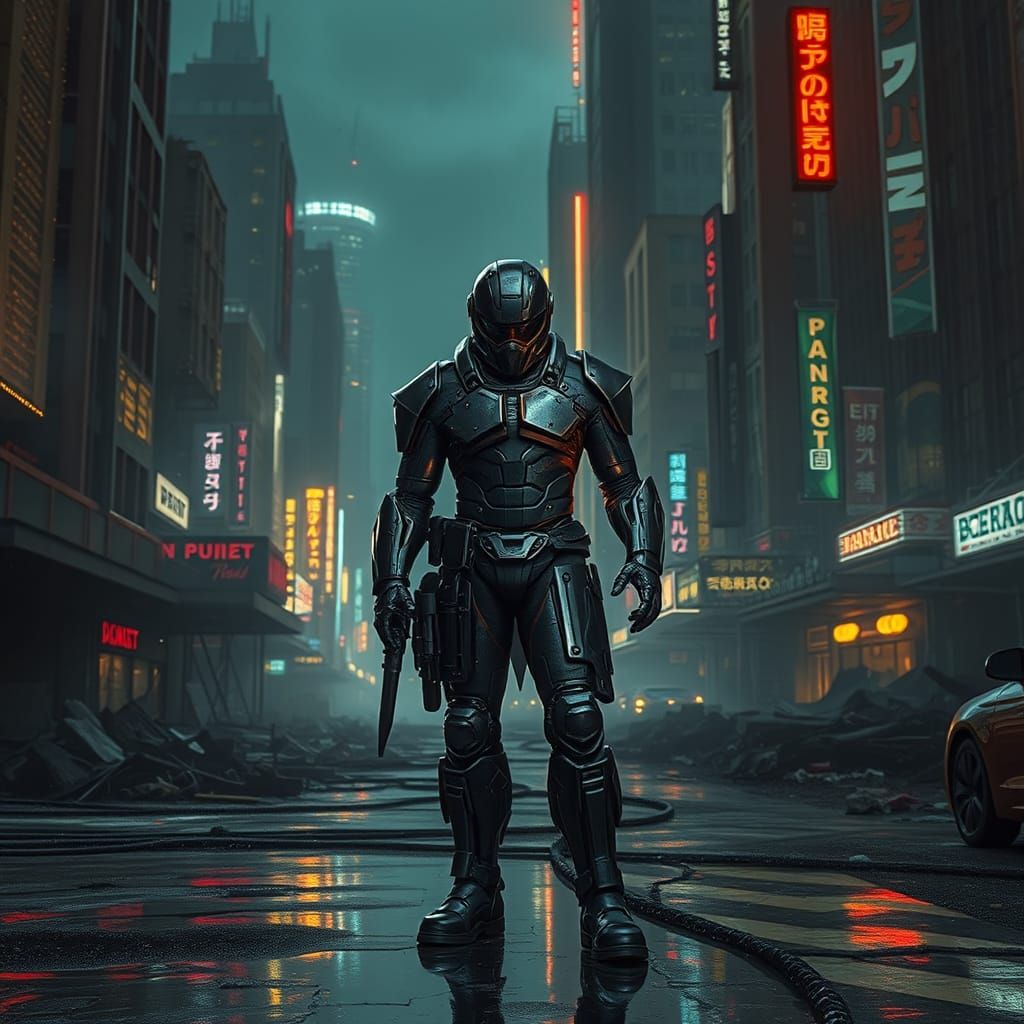 Cybernetic Warrior Stands Tall in Dystopian Ruins