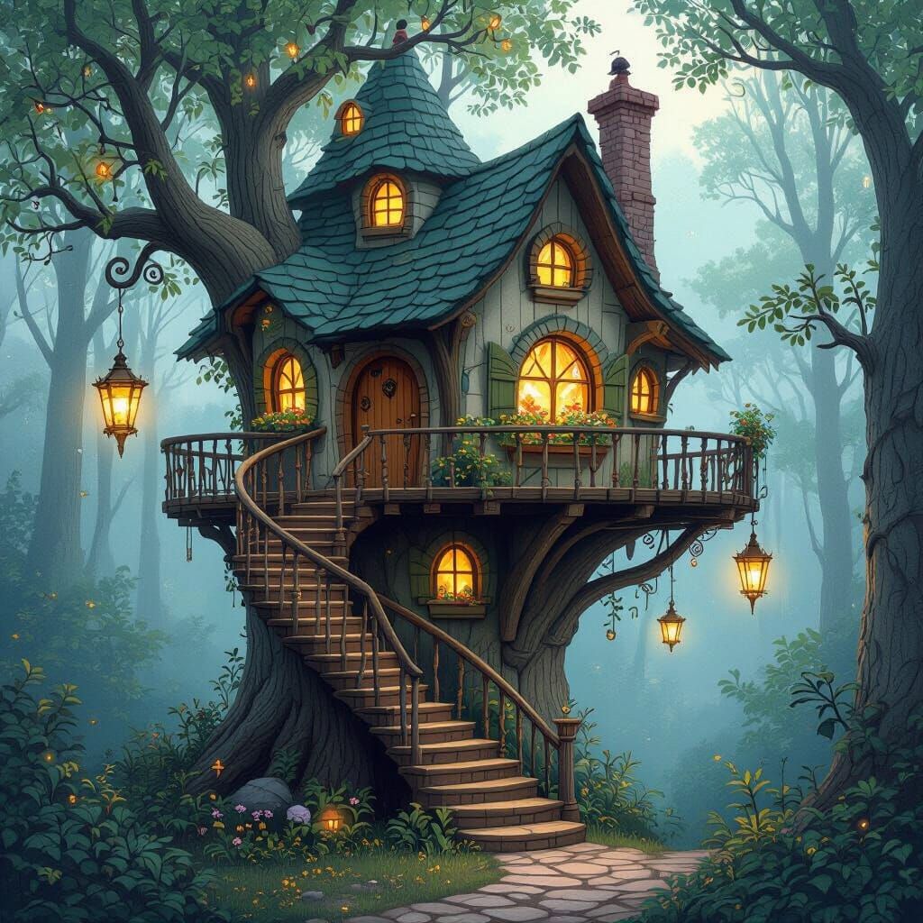 Enchanted Forest Treehouse with Glowing Lanterns