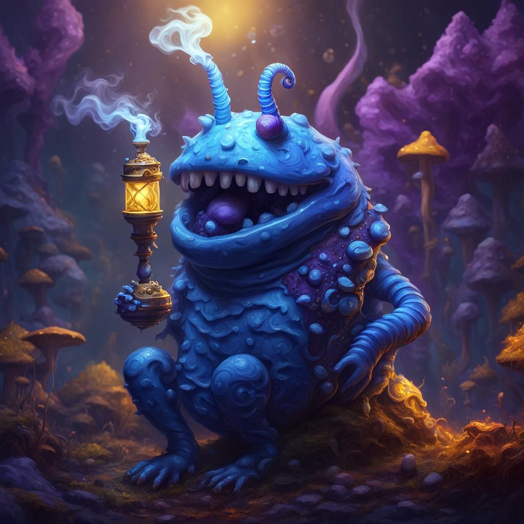 Blue Caterpillar Smoking Hookah: Dark Fantasy Art