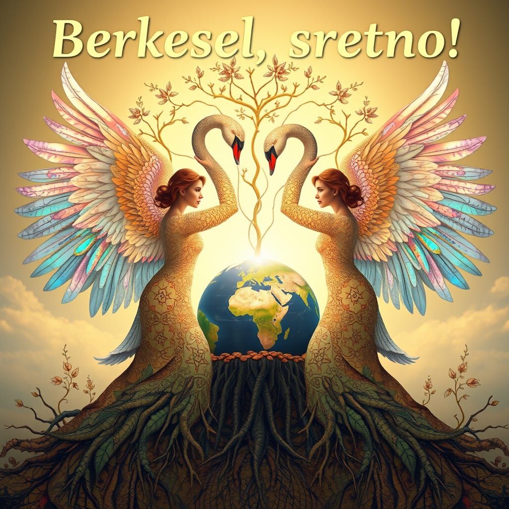 Women with Swan Wings, Inspired by Gustave Klimt's Golden Pe...