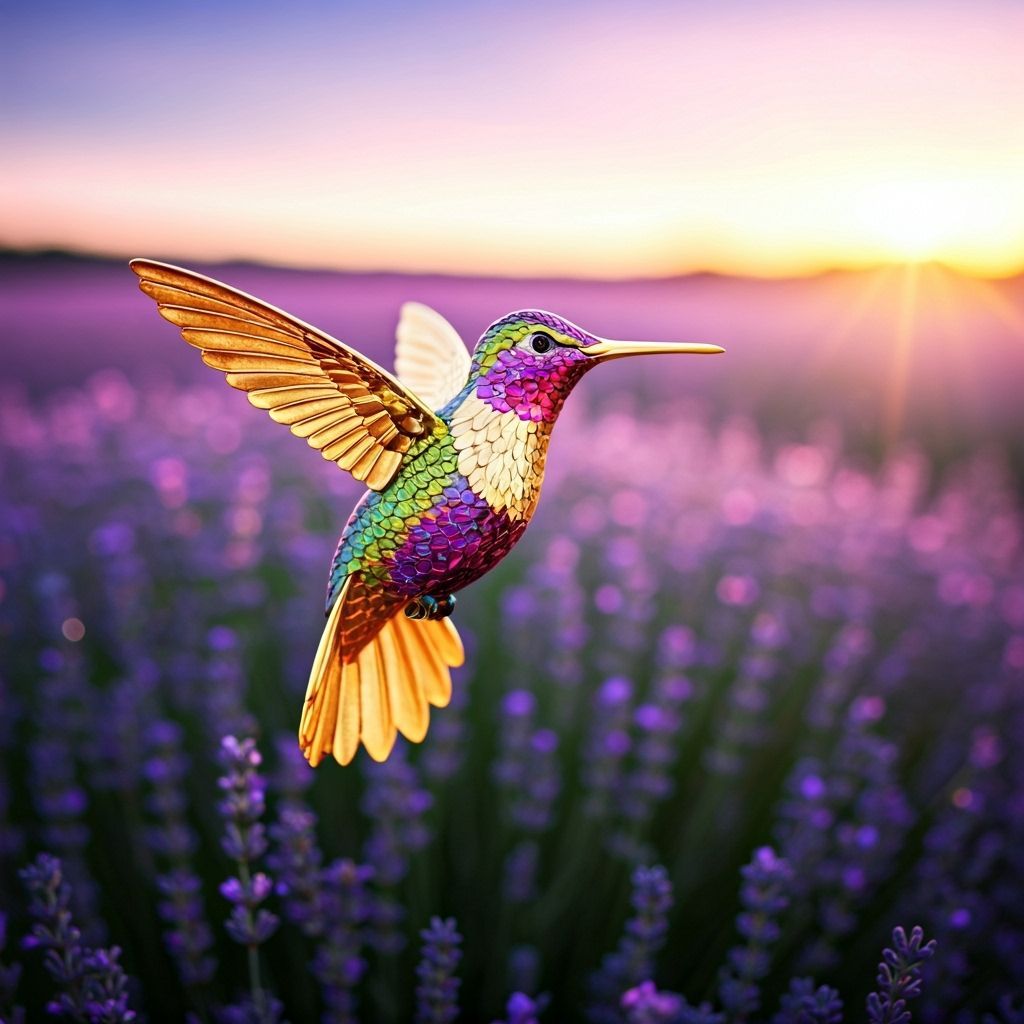 Golden Hummingbird in Lavender Field