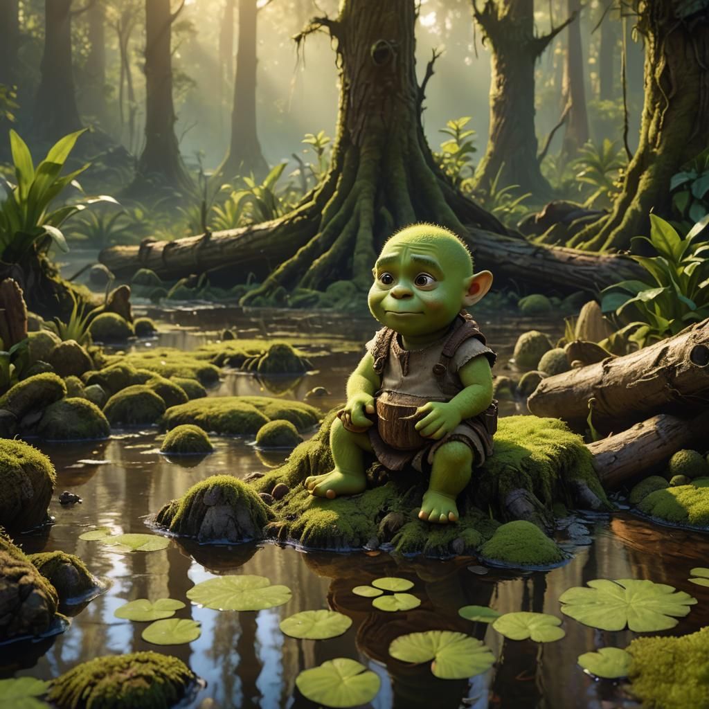 Hyperrealistic Baby Shrek in Swamp Concept Art