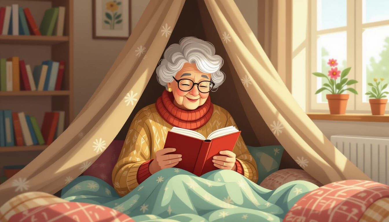 Grandma Reading in Cozy Spring Blanket Fort