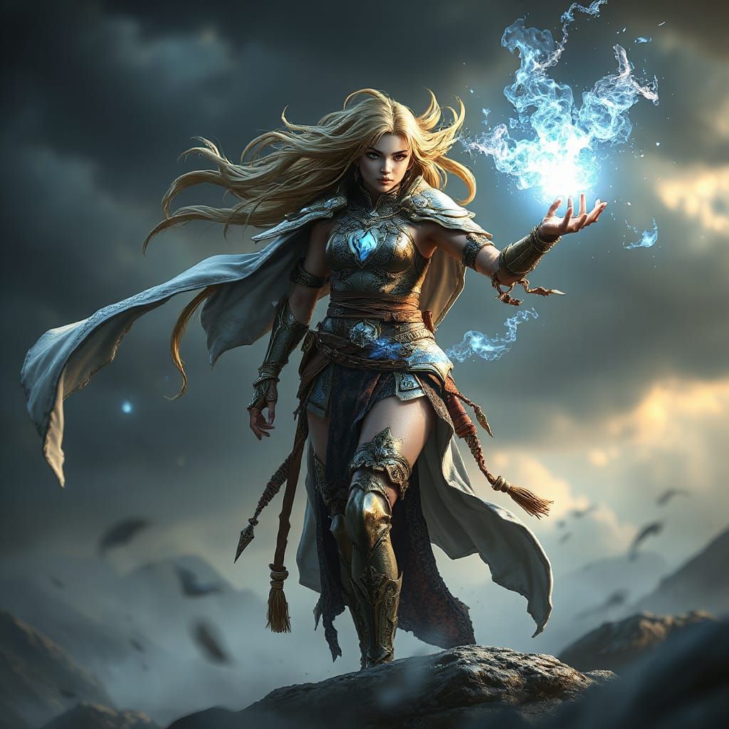 Majestic Female Warrior in Stormy Landscape, 3D Anime Art