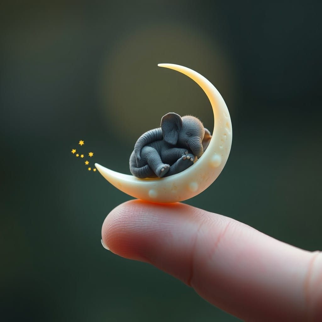 Realistic Dreamy Elephant Scene on Crescent Moon