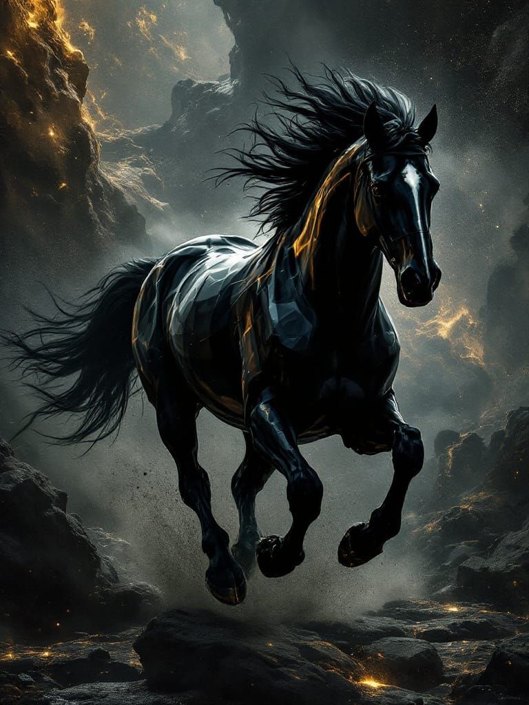 Dramatic Black Stallion Leaping Amidst Fiery Sky