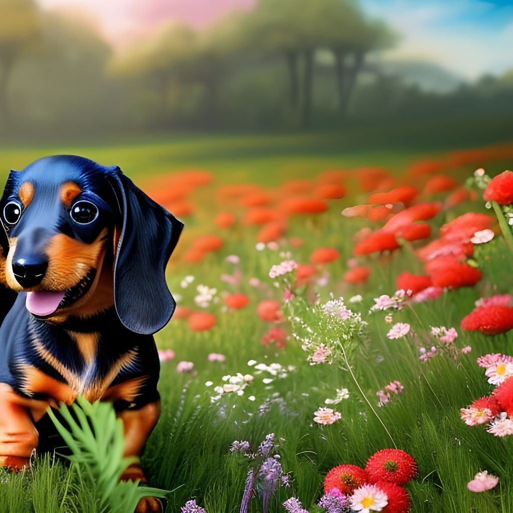 Happy Dachshund Puppy in Lush Flower Field