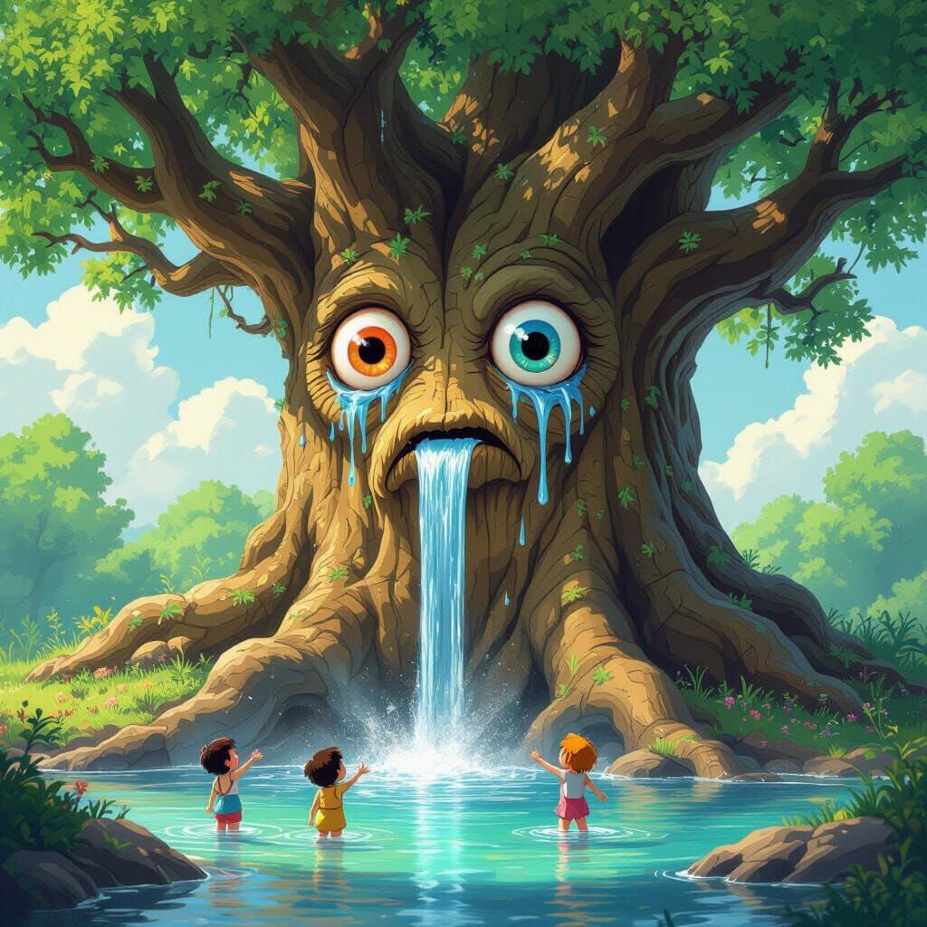 Whimsical Ancient Tree with Googly Eyes and Waterfall Tears