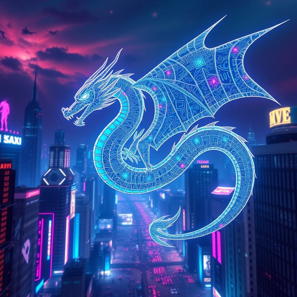 Cyberpunk Dragon Hologram Soaring Above City